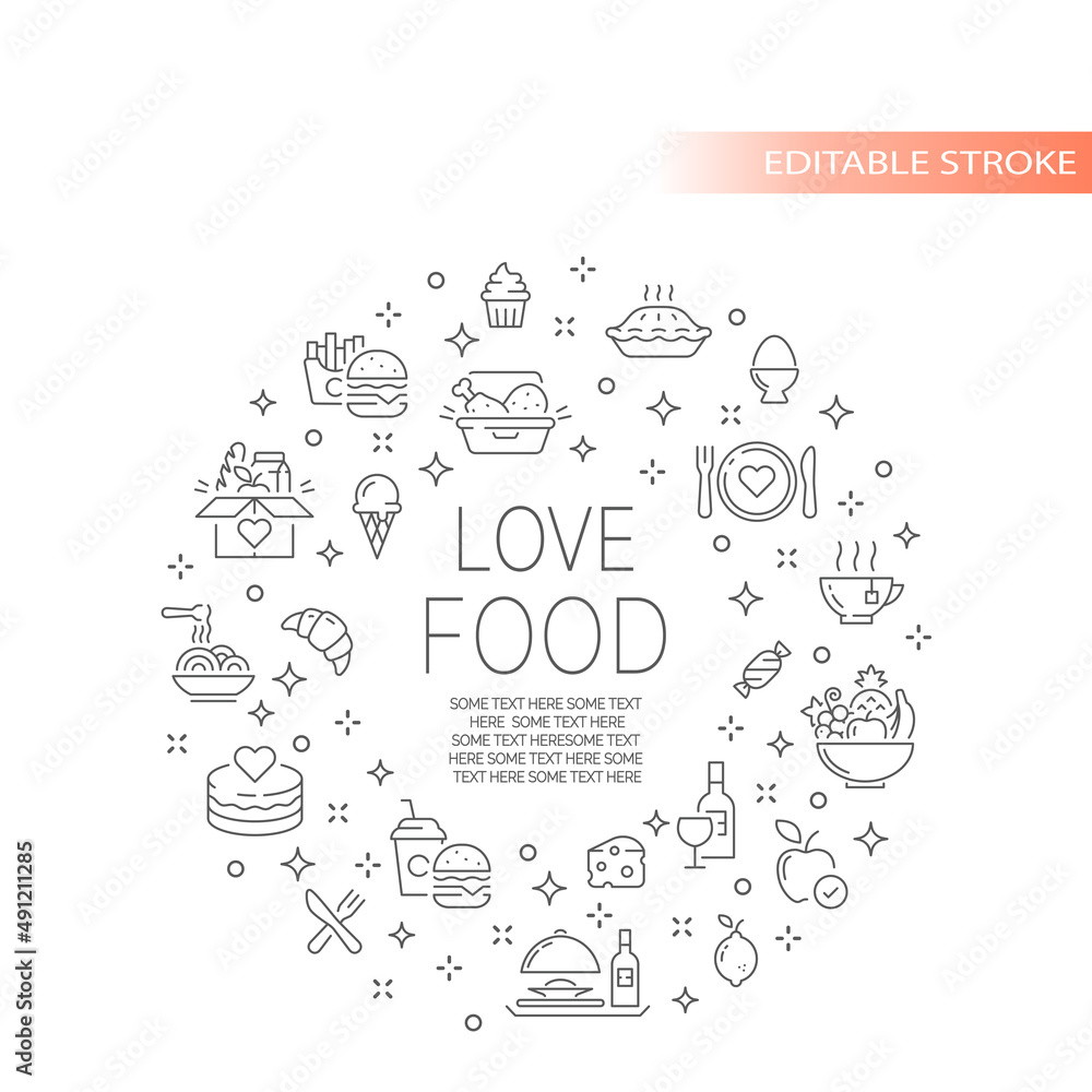 Food line vector icon template. Circle banner frame, outlined symbols.