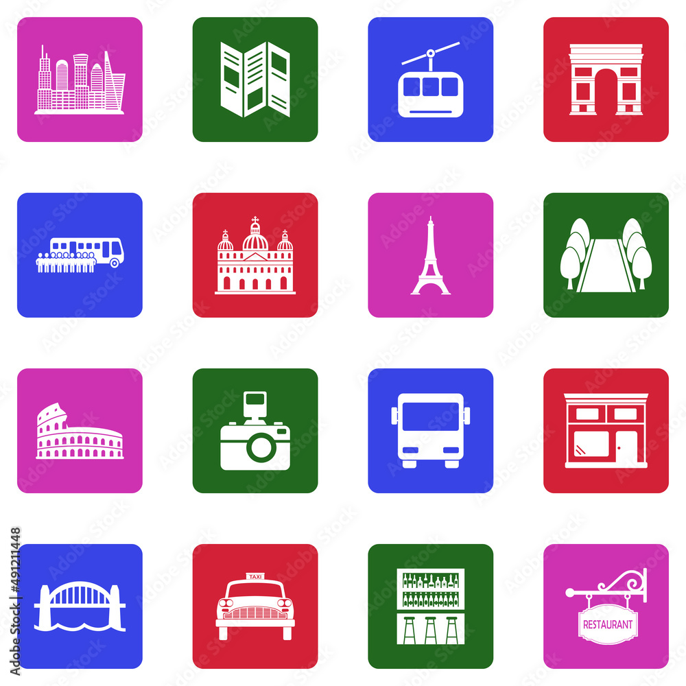 City Sightseeing Icons. White Flat Design In Square. Vector Illustration. City Sightseeing Icons. White Flat Design In Square. Vector Illustration.