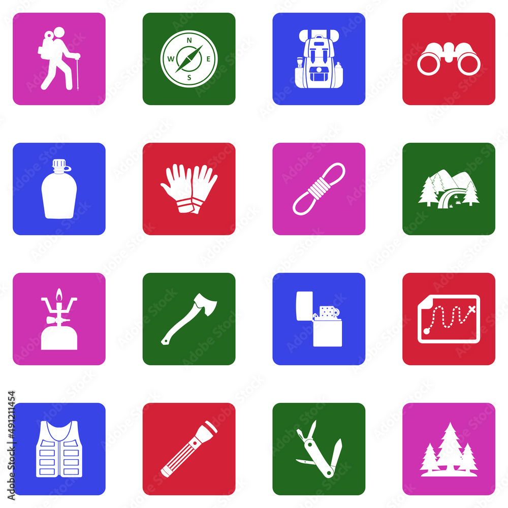 Trekking Icons. White Flat Design In Square. Vector Illustration. Trekking Icons. White Flat Design In Square. Vector Illustration.