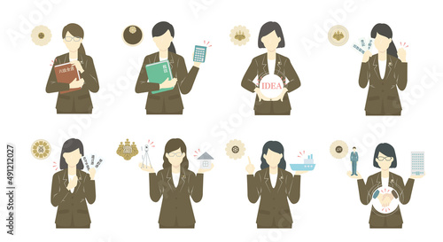 8士業（弁護士、弁理士、司法書士、行政書士、税理士、社会保険労務士、土地家屋調査士、海事代理士）の女性セットイラスト