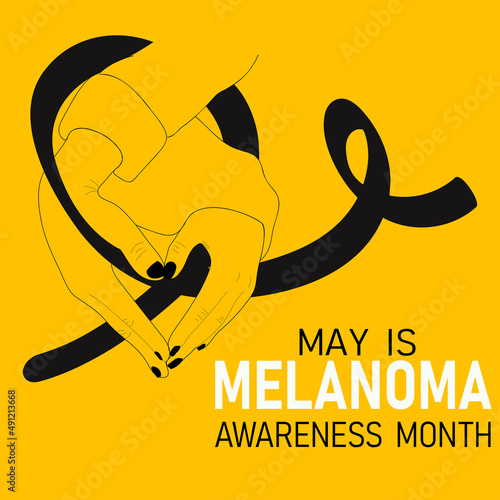 Melanoma awareness month poster. Vector cartoon illustration of  hands with a heart shape holding a ribbon.