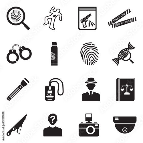 Crime Investigation Icons. Black Flat Design. Vector Illustration.