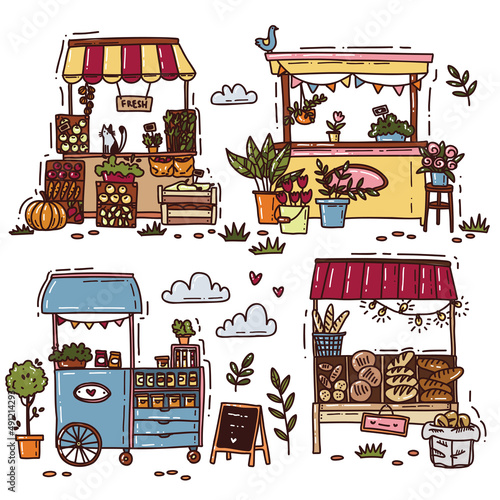 cute market stalls vector illustration