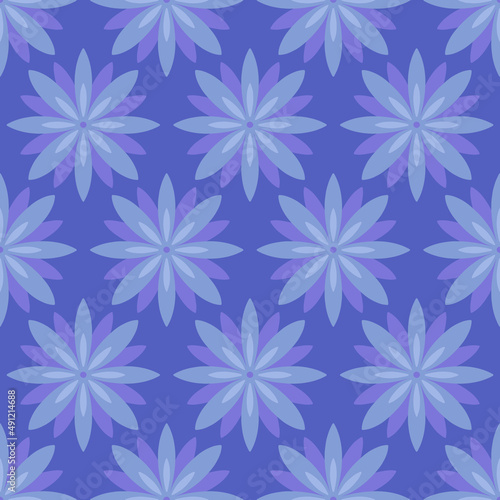 Cute geometric floral seamless pattern with flower head ion navy blue background. Spring vector background, botanical abstract backdrop