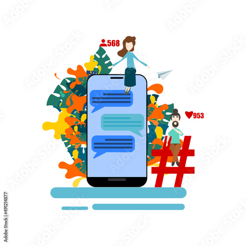 Young people with big smartphones. Concept of new generation active social media flat design vector illustration.