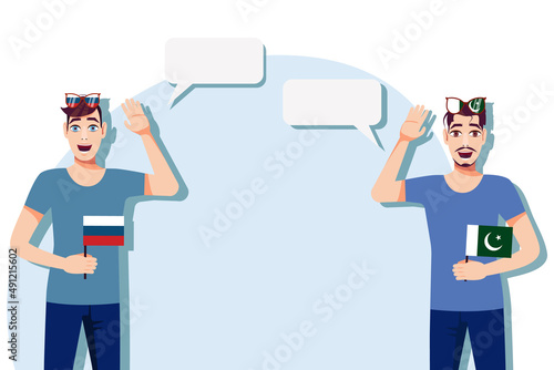 Men with Russian and Pakistani flags. Background for the text. The concept of sports, political, education, travel and business relations between Russia and Pakistan. Vector illustration.