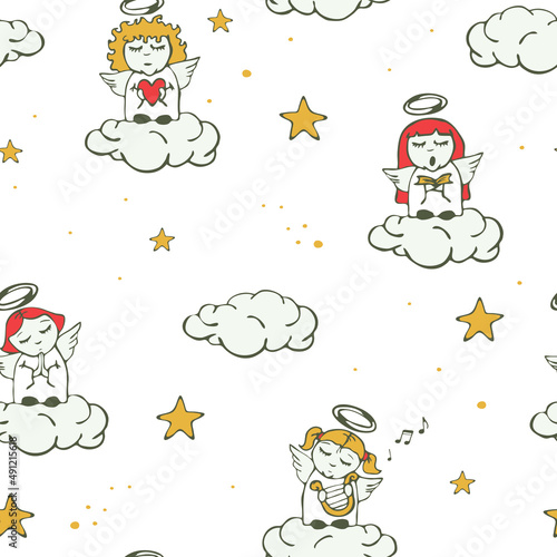 Seamless vector pattern with singing angels on white background. Simple hand drawn heaven wallpaper design. Decorative paradise fashion textile.