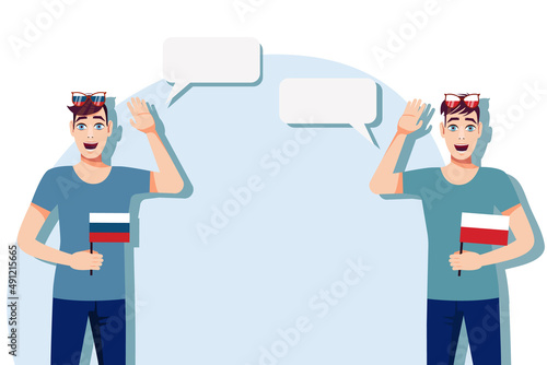 Vector illustration of people speaking the languages of Russia and Poland. Illustration of translation, transcription and dialogue between Russia and Poland.