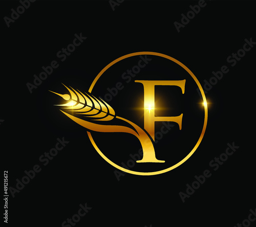 A vector illustration of Golden Wheat Grain Monogram Initial Letter F