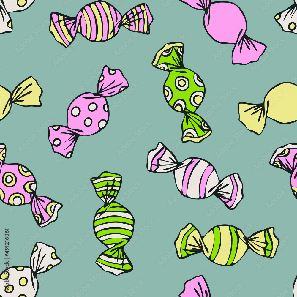 Seamless vector pattern with colourful candies on grey background. Simple hand drawn cartoon sweets wallpaper design. Decorative sweet food fashion textile.