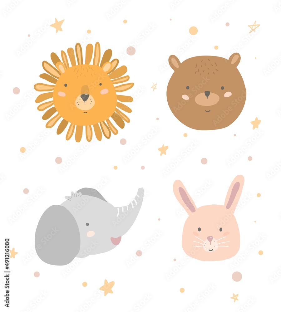 Set of cute animals. Drawn animals. Children's illustration.