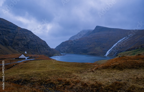 Dramatic november landscape. View of Saksun village with typical turf-top houses  Faroe Islands. Splendid morning scene of Streymoy island  Denmark  Europe. 2021