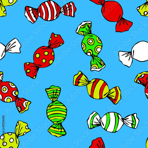 Seamless vector pattern with candy wrapper on blue background. Simple sweet treat wallpaper design. Decorative fun party food fashion textile.