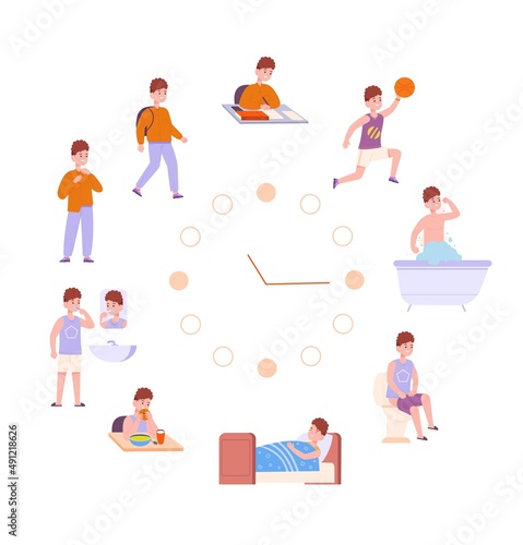 Children daily time. Kid routine schedule activity, curly baby eating breakfast, morning bathroom, active child school exercise, toilet hygiene cartoon splendid vector illustration