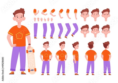 Kid front animation. Boy character infographic constructor for animator, construction parts back view action poses, cute little face body sprite game kit, cartoon splendid vector