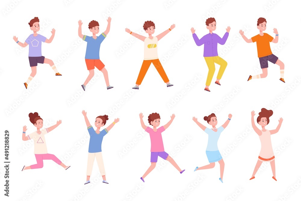 Children posing jump. School kids have jumping pose, pupils active leisure aerobic movement, happy childhood boy, cute action teenagers fun kid ballet, splendid vector illustration