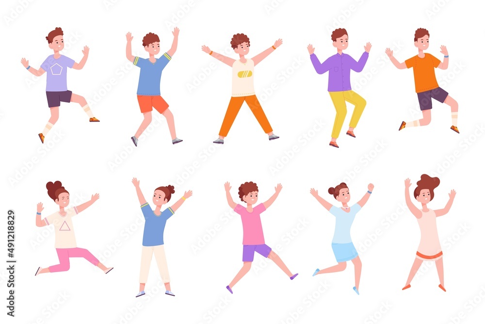 Fototapeta premium Children posing jump. School kids have jumping pose, pupils active leisure aerobic movement, happy childhood boy, cute action teenagers fun kid ballet, splendid vector illustration