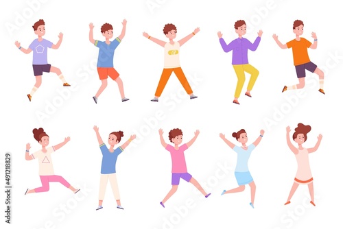 Children posing jump. School kids have jumping pose, pupils active leisure aerobic movement, happy childhood boy, cute action teenagers fun kid ballet, splendid vector illustration
