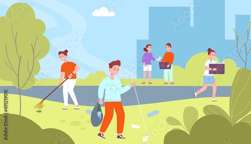 Kids clean park. Kid cleaning forest plant from city garbage, school children volunteer community, recycling green environment, cleanup nature rubbish, splendid vector illustration