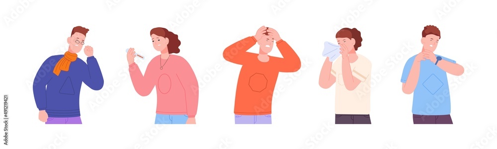 Fototapeta premium Adult seasonal illness. Sick flu character suffer cold symptom, person having headache cough fever sneeze, sore influenza ill man woman pain condition