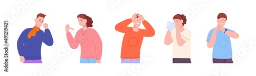 Adult seasonal illness. Sick flu character suffer cold symptom, person having headache cough fever sneeze, sore influenza ill man woman pain condition