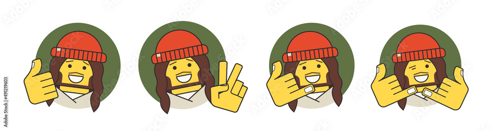A set of illustrations of a positive, friendly guy. Showing different signs with his hands. He has a red cap on. The hair is long.Stock vector illustration. Isolated white background. A set of illustrations of a positive, friendly guy. Showing different signs with his hands. He has a red cap on. The hair is long.Stock vector illustration. Isolated white background.
