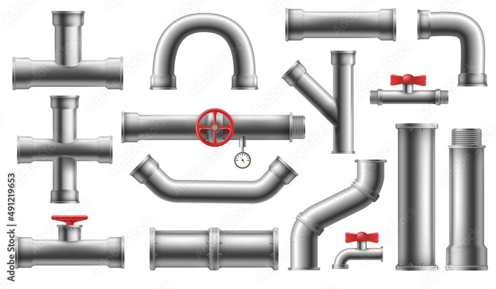 Realistic pipe. Piped metal tube with welded round valve, steel plumbing galvanized connections of pipes, 3d water curved joint pipline for bathroom house, isolated tidy vector Realistic pipe. Piped metal tube with welded round valve, steel plumbing galvanized connections of pipes, 3d water curved joint pipline for bathroom house, isolated tidy vector
