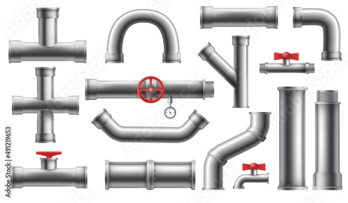 Realistic pipe. Piped metal tube with welded round valve, steel plumbing galvanized connections of pipes, 3d water curved joint pipline for bathroom house, isolated tidy vector