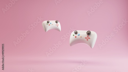 3d image of a couple gamepads on a beautiful pink pastel background