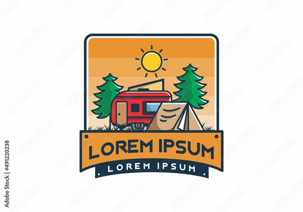 Camping van and tent between pine trees illustration Camping van and tent between pine trees illustration