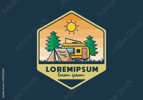 Camping van and tent between pine trees illustration