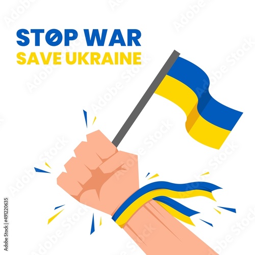 Save Ukraine, Stop War, Ukraine vs Russia. Background vector illustration of raising hand with Ukraine Flag as demonstration acts for defending ukraine against Russia attacks.