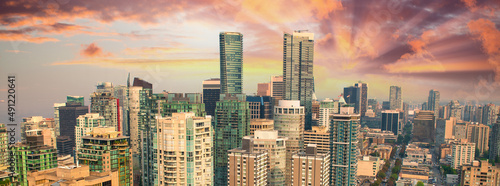 Aerial view of Downtown Vancouver skyline at sunset, British Columbia