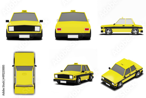 3d rendering of yellow toy car. Taxi in cute cartoon style.
