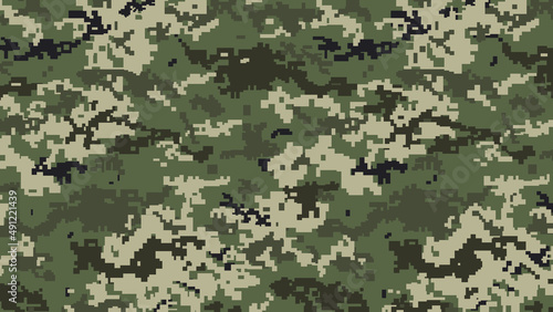 Military Pixel camouflage green grey woodland camo texture pattern horizontal banner illustration wallpaper