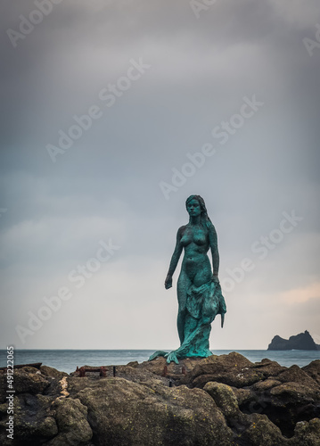 Mikladalur, Faroe Islands, Kalsoy - november, 2021: Kópakonann - selkies, mythological beings capable of therianthropy, changing from seal to human form by shedding their skin. Kingdom of denmark