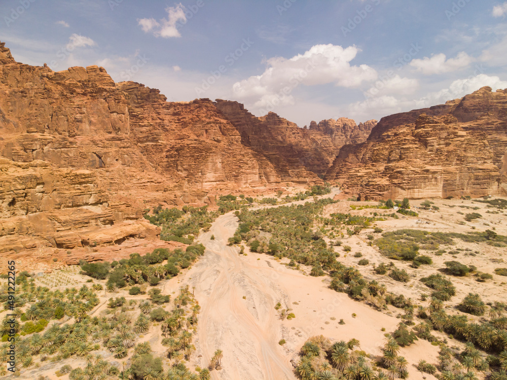 Aerial views of Wadi Al Disah valley in Tabuk region of Saudi Arabia