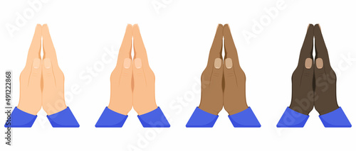 Hand pray symbol, isolated on white background. Folded hands of various skin tones vector icon set. Turning to God. Faith and Hope. Religious symbol.