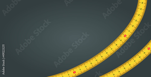 Vector background with measure tape in flat style. Yellow measuring tape template isolated on dark gray background. Vector illustration measuring tool.
