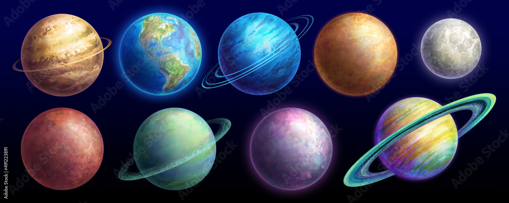 watercolor illustration, planetarium clip art, space collection. Set of solar system planets isolated on black background - obrazy, fototapety, plakaty 