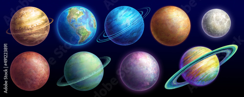 watercolor illustration, planetarium clip art, space collection. Set of solar system planets isolated on black background photo