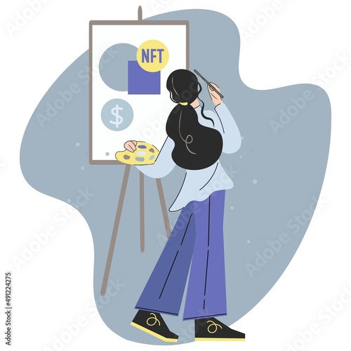 A girl artist paints on an easel a picture of a non-fungible cryptocurrency for sale on the Internet. Trendy color shades. Modern creative vector illustration in flat style.