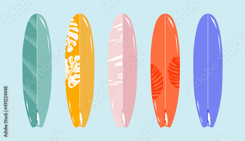 Standing surfboard set, tropical design.Variety of isolated hand-drawn vector surfing boards. Summer time. Summer sports and activities conceptual cartoon illustration. Trendy design for web and print photo