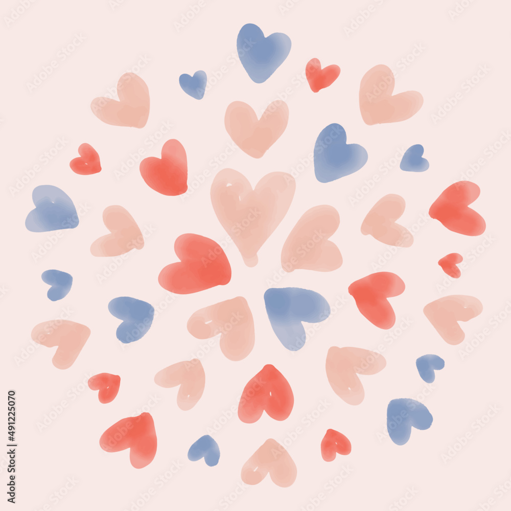 Watercolor painted heart pattern. Hand painted vector illustration.