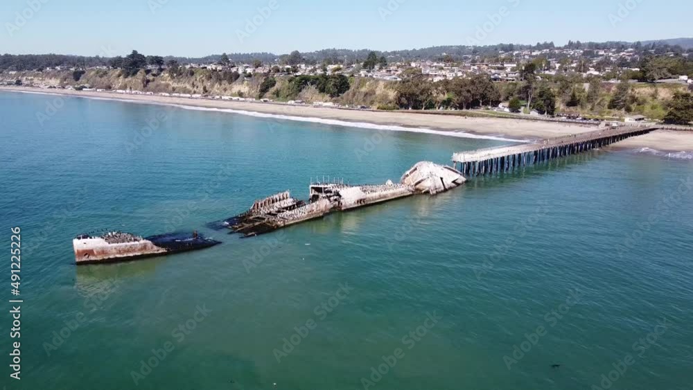 Seacliff State Beach and sunken vessel of SS Palo Alto. Aerial descend view Seacliff State Beach and sunken vessel of SS Palo Alto. Aerial descend view