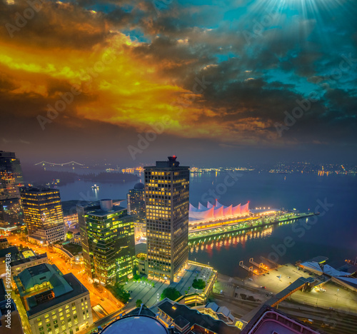 Aerial view of Canada Place in Vancouver at sunset, British Columbia