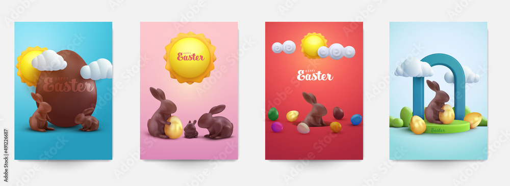 Fototapeta premium Happy easter set background for greeting card, banner, poster, cover, flyer. Collection festive design template in cute cartoon 3d style. Vector illustration.