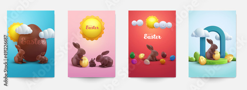 Happy easter set background for greeting card, banner, poster, cover, flyer. Collection festive design template in cute cartoon 3d style. Vector illustration.