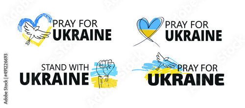 I Support Ukraine, Ukrainian flag with a Pray for Ukraine concept icon set. Save from Russia stickers for media. Vector illustration