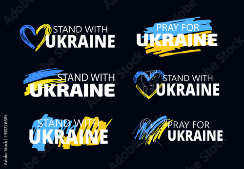 I Support Ukraine, Ukrainian flag with a Pray for Ukraine concept icon set. Save from Russia stickers for media. Vector illustration